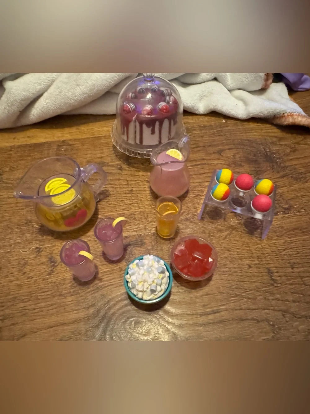 American Girl & Our Generation birthday cake & dome, lemonade, snow cones, snack